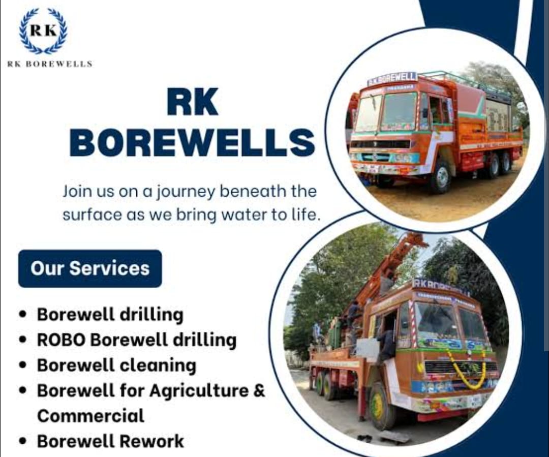 RK Borewells fleet — trucks, rigs and submersible pumps